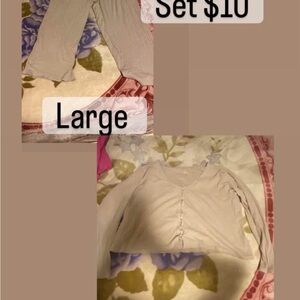 Beige Cropped Button-Front Top and Matching Ankle Pants Set - Women’s Loungewear